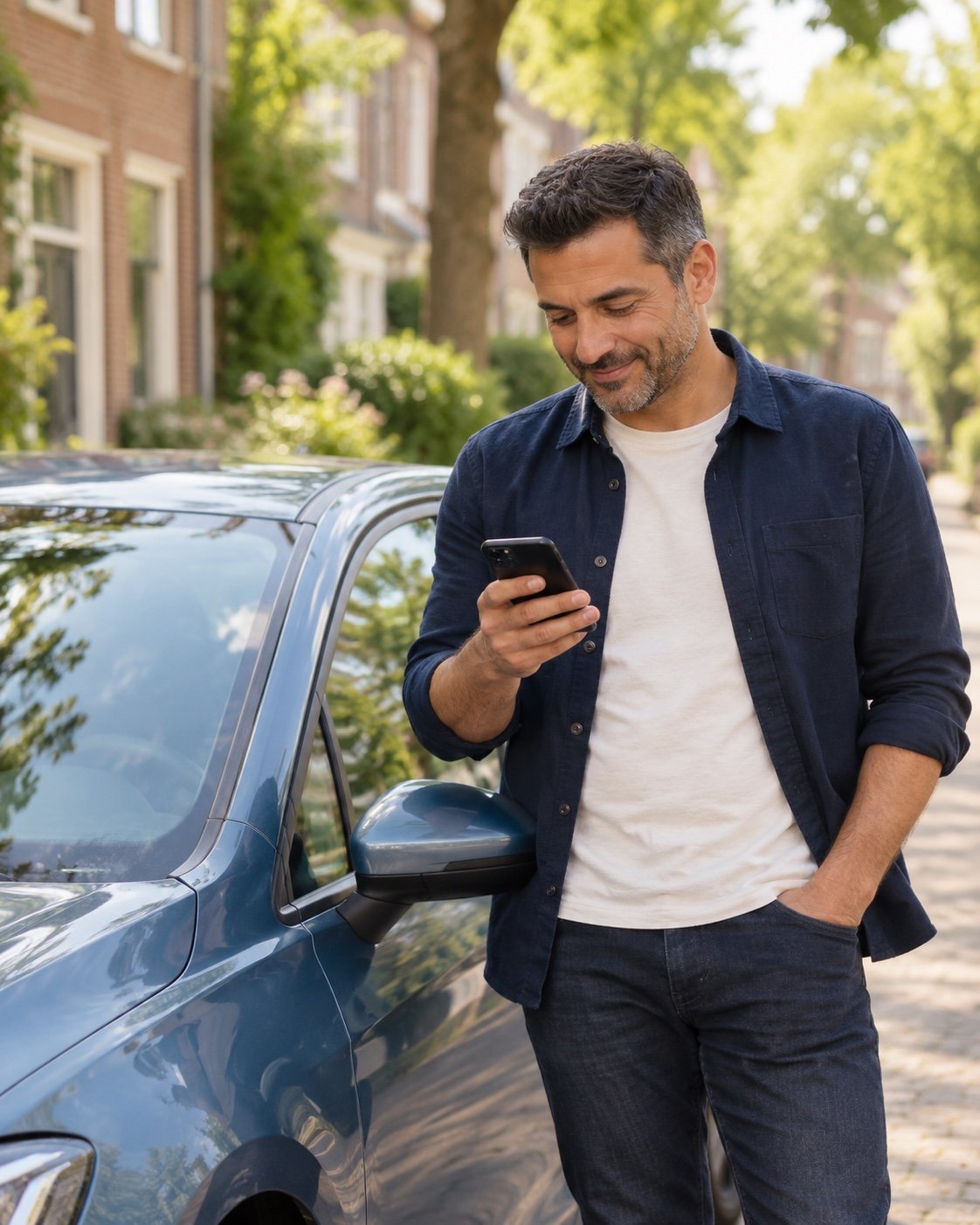 Sfeerbeeld van een rijinstructeur die naast een geparkeerde auto zijn telefoon bekijkt